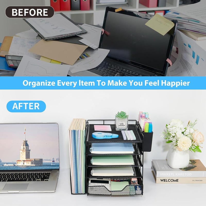 Gugsey Desk Organizer, 5-Tier Paper Letter Tray Organizer with File Holder, Drawer and Pen Holder, Desktop Organizer for Office Supplies, Black - Image 4